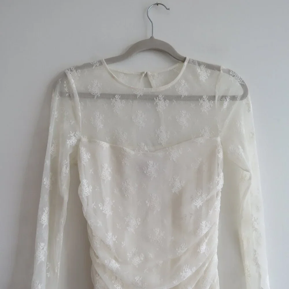 BHLDN Bailee White Lace Ruched Stretch Bodycon Dress Romantic Wedding Size S - Picture 4 of 14